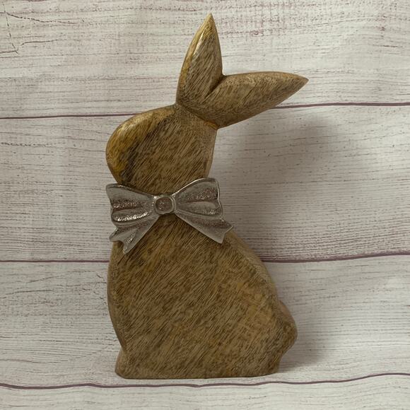 Wood Bunny Rabbit Figurine with Metal Silver Bow Easter Spring Farmhouse 9 3/4"H - Picture 2 of 12